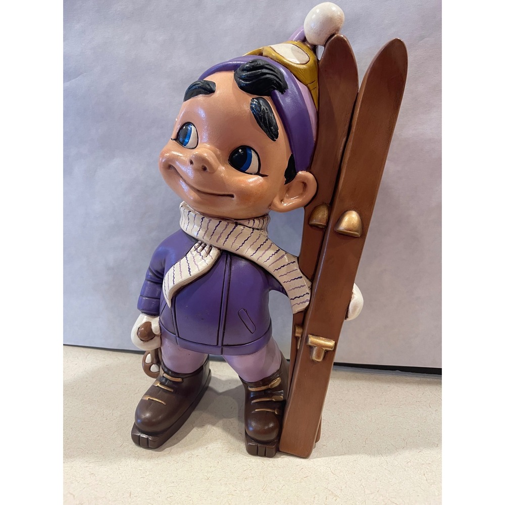 Vintage Ceramic Skier Boy Figurine Purple Winter Decor Hand Painted 11.5 Inch